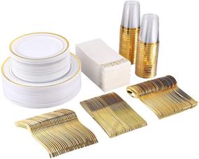 img 4 attached to 🍽️ 350 Piece Disposable Gold Dinnerware Set for Party or Wedding - 100 Gold Rim Plastic Plates - 50 Gold Plastic Silverware - 50 Gold Plastic Cups - 50 Linen-Like Gold Paper Napkins (50 Guests)