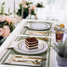 img 1 attached to 🍽️ 350 Piece Disposable Gold Dinnerware Set for Party or Wedding - 100 Gold Rim Plastic Plates - 50 Gold Plastic Silverware - 50 Gold Plastic Cups - 50 Linen-Like Gold Paper Napkins (50 Guests)