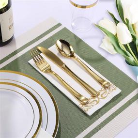 img 2 attached to 🍽️ 350 Piece Disposable Gold Dinnerware Set for Party or Wedding - 100 Gold Rim Plastic Plates - 50 Gold Plastic Silverware - 50 Gold Plastic Cups - 50 Linen-Like Gold Paper Napkins (50 Guests)