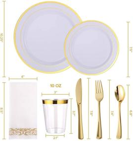 img 3 attached to 🍽️ 350 Piece Disposable Gold Dinnerware Set for Party or Wedding - 100 Gold Rim Plastic Plates - 50 Gold Plastic Silverware - 50 Gold Plastic Cups - 50 Linen-Like Gold Paper Napkins (50 Guests)