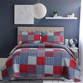 img 4 attached to 🔴 Red and Blue Plaid Full/Queen Size Quilted Bedspread - Country Style Patchwork Design - Reversible Blue and White Plaid Print - Lightweight Coverlet Set for Men - Includes 2 Pillow Shams
