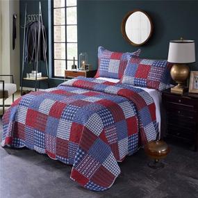 img 3 attached to 🔴 Red and Blue Plaid Full/Queen Size Quilted Bedspread - Country Style Patchwork Design - Reversible Blue and White Plaid Print - Lightweight Coverlet Set for Men - Includes 2 Pillow Shams