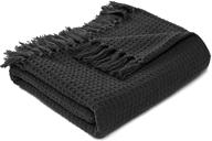 🛋️ motini dark gray waffle cotton decorative throw blanket with tassel fringe – cozy and elegant knit soft blanket for couch, bed, sofa – 50"x60 logo