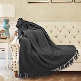 img 2 attached to 🛋️ MOTINI Dark Gray Waffle Cotton Decorative Throw Blanket with Tassel Fringe – Cozy and Elegant Knit Soft Blanket for Couch, Bed, Sofa – 50"x60