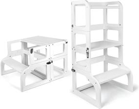 img 4 attached to 🪜 WishaLife Kitchen Step Stool and Table 2 in 1 with Safety Rail: Multi-functional Baby Toddlers Wooden Stool Helper – Perfect for Kitchen and Bathroom, White Painted