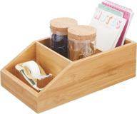 🔲 mdesign bamboo wood compact storage organizer bin box - 3 divided sections - holder for office supplies - notebooks, paperclips, binder clips, tape, stapler - natural/tan логотип