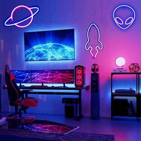 img 1 attached to AIWEILUCK Neon Sign Set: Alien, Planet, and Rocket Neon Lights for Aesthetic Room Decor and Space Themed Party - Teen's Game Room Decor LED Signs (3 Pack)