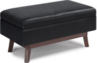 🔲 midnight black faux leather small rectangular storage ottoman - simplihome owen 36" mid century modern rectangle ottoman for living room, family room, entryway logo