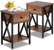 🛋️ vecelo retro brown x-design side end table nightstand storage shelf with drawer for living room bedroom, set of 2 - modern and versatile endtable 2 set logo