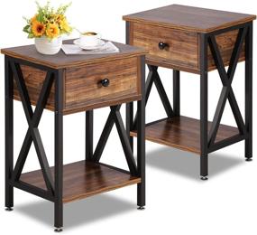 img 2 attached to 🛋️ VECELO Retro Brown X-Design Side End Table Nightstand Storage Shelf with Drawer for Living Room Bedroom, Set of 2 - Modern and Versatile Endtable 2 Set