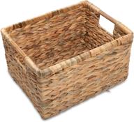 🧺 large rectangular wicker basket with wooden handles for shelves - water hyacinth storage basket - natural organizer for home - 14.5 x 10.3 x 7.2 inches logo