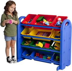 img 2 attached to 🧸 ECR4Kids 4-Tier Toy Storage Organizer, Blue with 12 Assorted Color Bins - Enhance Your Kids' Playroom Organization