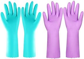 img 4 attached to 🧤 Latex-Free Reusable Kitchen Cleaning Gloves - 2 Pairs (Purple+Blue, Large) for Dishwashing with Non-Slip Swirl Grip and Cotton Lining