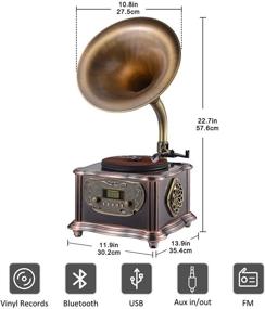 img 2 attached to 🎵 MEAGEAL Ретро Bluetooth проигрыватель-вертушка - Винтажная граммофонная колонка с классическим фонографом из алюминия, виниловый проигрыватель 33/45 об / мин, поддерживает винил 7"/10"/12", Медный рог, пульт ДУ, Aux-вход/USB/FM...