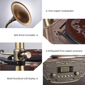 img 3 attached to 🎵 MEAGEAL Ретро Bluetooth проигрыватель-вертушка - Винтажная граммофонная колонка с классическим фонографом из алюминия, виниловый проигрыватель 33/45 об / мин, поддерживает винил 7"/10"/12", Медный рог, пульт ДУ, Aux-вход/USB/FM...