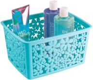 🛁 mdesign teal blue floral design large plastic bathroom storage basket bin for organizing hand soaps, body wash, shampoos, lotion, conditioners, hand towels, hair accessories, body spray logo