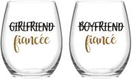 customizable couple wine glasses - set of 2 stemless fiancee wine glasses 15oz - ideal engagement gifts for fiancee, fiance, or her logo