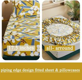 img 2 attached to 🌿 FADFAY California King Sheet Sets Cotton - Yellow & Grey Leaves Pattern, Soft 600 TC, Fruit & Red Flower Botanical Chic, Deep Pocket Fitted Sheet, 4Pcs - Cal King