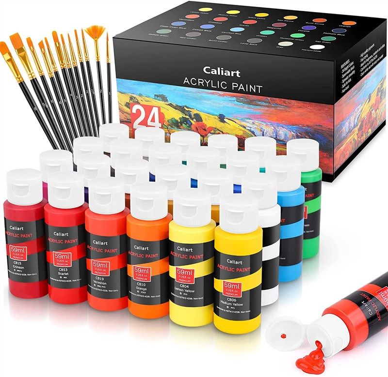 🎨 caliart acrylic paint set: 24-pack with 12 brushes - ideal for artists, students, and beginners! logo