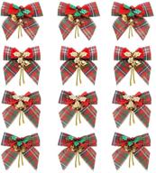 🎄 12 pack christmas red green plaid tree bows with jingle bells - linen bowknots for christmas garland tree, crafts, wrapping, wreath xmas ornaments decor logo