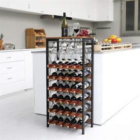 img 3 attached to X-cosrack Rustic Floor Wine Rack Shelf: надежная 6-ярдерная организатор винных бутылок с держателем для бокалов - отдельно стоящий, оригинальный дизайн для хранения вина в кухонном буфете - вмещает 30 бутылок