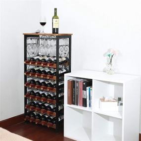 img 1 attached to X-cosrack Rustic Floor Wine Rack Shelf: надежная 6-ярдерная организатор винных бутылок с держателем для бокалов - отдельно стоящий, оригинальный дизайн для хранения вина в кухонном буфете - вмещает 30 бутылок