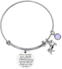 img 4 attached to 🦄 Inspirational Birthstone Unicorn Bracelet for Girls and Women - Stainless Steel Wire Bangle, Expandable, Engraved with 'Always Remember You are Braver' (February)