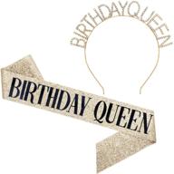 👑 glamorous gold glitter birthday queen sash and rhinestone headband set: perfect birthday gifts, party supplies & accessories for women logo
