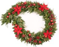 🎄 amerzest 9ft pre-lit poinsettias christmas garland with 50 led lights - battery operated holiday decoration for fireplace, stairs, mantle, door - ideal for indoor and outdoor use logo