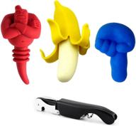 set of 4 novelty wine stoppers silicone rubber with bottle opener - perfect funny wine bottle accessories. reusable caps in a decorative genie finger banana stoppers pocket wine opener. presented in a gifts box. логотип