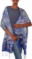 exquisite novica 100% silk batik shawl scarf - blue and red floral print - sapphire mums' design logo