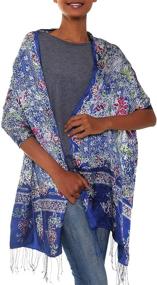 img 4 attached to Exquisite NOVICA 100% Silk Batik Shawl Scarf - Blue and Red Floral Print - Sapphire Mums' Design