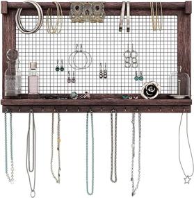 img 4 attached to Vintage Rustic Jewelry Organizer – Wall Mounted Holder with Detachable Bracelet Rod, Shelf, and 16 Hooks – Ideal for Earrings, Necklaces, and Bracelets – Torched Brown Jewelry Display