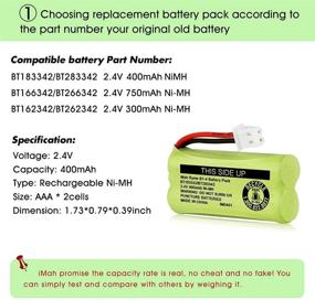 img 2 attached to 🔋 iMah BT183342/BT283342 2.4V 400mAh Ni-MH Battery Pack - Compatible for BT166342/BT266342 BT162342/BT262342 2SN-AAA40H-S-X2, 3-Pack