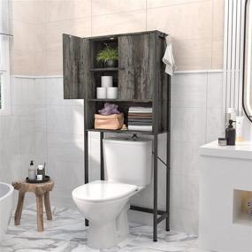 img 4 attached to 🚽 Gray Brown Freestanding Toilet Storage Cabinet Rack with Hooks - Ecoprsio Bathroom Organizer Shelf for Over-The-Toilet Space Saving