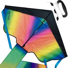 img 4 attached to Premium Animato Large Rainbow Kite for Kids and Adults - Easy to Fly, Fun Outdoor Activity Toy - Rainbow Delta Design - 5 PC Kit with Extra Long String, Storage Bag, and Gloves