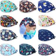 🎩 satinior 10 pieces colorful printed bouffant caps: unisex tie back hats for women and men with sweatband and buttons - perfect favors logo