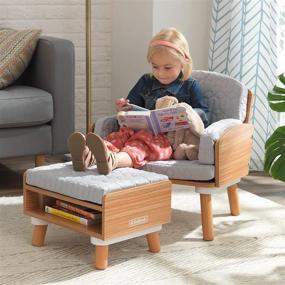 img 3 attached to KidKraft Mid-Century Kid Upholstered Reading Chair & Ottoman: Storage Furniture for Kids (Ages 3-6, Grey)