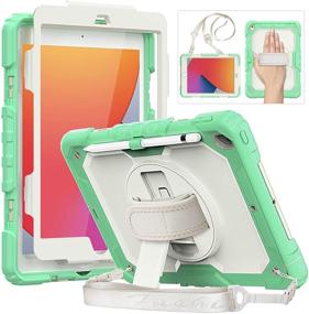 img 4 attached to 📱 Premium HXCASEAC iPad 8th/7th Generation Case: Screen Protector, Pencil Holder, and Rotating Stand Included! Durable Shockproof Cover with Hand Strap & Shoulder Strap for iPad 10.2 inch 2020/2019, Milky+Green