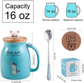 img 2 attached to 🐱 Kawaii Cat Cup Ceramic Coffee Mug with Wooden Lid, Stainless Steel Spoon, Anime Themed Wooden Coaster - Cute Cat Mug Perfect for Christmas Birthday Gift, Japanese Style - 480ML (Blue)