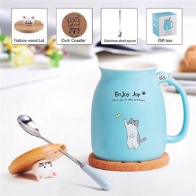 img 3 attached to 🐱 Kawaii Cat Cup Ceramic Coffee Mug with Wooden Lid, Stainless Steel Spoon, Anime Themed Wooden Coaster - Cute Cat Mug Perfect for Christmas Birthday Gift, Japanese Style - 480ML (Blue)