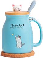 🐱 kawaii cat cup ceramic coffee mug with wooden lid, stainless steel spoon, anime themed wooden coaster - cute cat mug perfect for christmas birthday gift, japanese style - 480ml (blue) logo