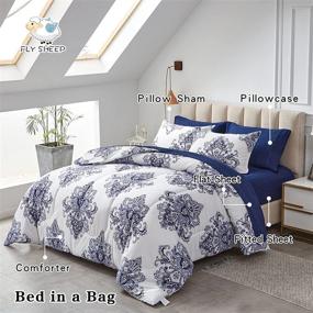 img 3 attached to 🛏️ FlySheep Damask Bed in a Bag: Bohemian Blue Geometric Queen Size Comforter Set - 7 Pieces