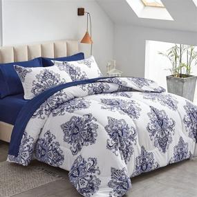 img 4 attached to 🛏️ FlySheep Damask Bed in a Bag: Bohemian Blue Geometric Queen Size Comforter Set - 7 Pieces