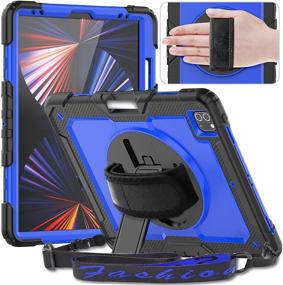 img 4 attached to 🔵 Timecity Case for iPad Pro 12.9 inch 2021 (5th Gen) - Dark Blue with Screen Protector, 360° Rotatable Kickstand, Hand Strap, Shoulder Strap, and Pencil Holder