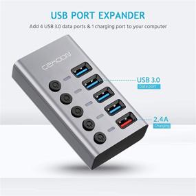 img 3 attached to 💻 Aluminum USB Expander Hub: Boost Laptop & PC with 5 Extra USB Ports, 4 USB 3.0 & 1 Fast Charging Port, Individual Switches - Gray