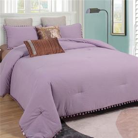 img 1 attached to Ovege Purple King Size Comforter Bed Set - Luxurious Pom Pom Fringe Bedding Set with Pillowcases - Pre-washed Microfiber, Ultra Soft and Cozy - King Size, Purple