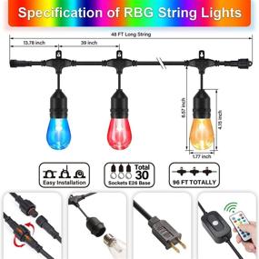 img 2 attached to 🌟 Enhance Your Outdoor Spaces with 2-Pack 48FT Outdoor RGB String Lights - Dimmable, Shatterproof Edison Bulbs, 96FT Length, Perfect for Patio, Backyard, and Christmas Party - Includes 2 Remotes!