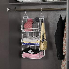 img 2 attached to 🗂️ X-cosrack 3 Tier Closet Organizer, Foldable Clothes Shelves with 5 S Hooks, Wall Mount & Cabinet Wire Storage Basket Bins, for Clothing Sweaters Shoes Handbags Clutches Accessories in White - Patent Pending