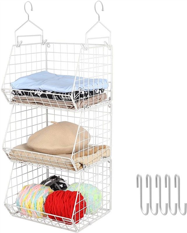  5 Tier Closet Hanging Organizer, Clothes Hanging Shelves with 4  Hanging Hooks 5 S Hooks, Wire Storage Basket Bins, for Clothing Sweaters  Shoes Handbags Clutches Accessories Patent Design-White : Home & Kitchen